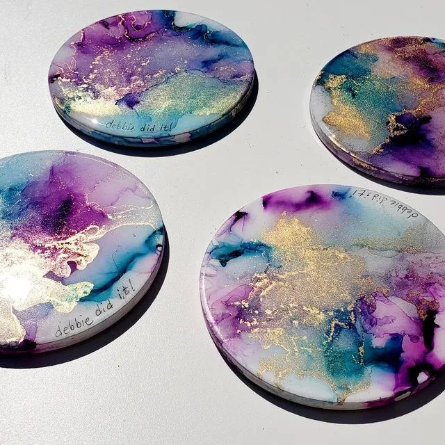 Hand Painted Alcohol Ink Tile Coasters with Resin Finish (Co