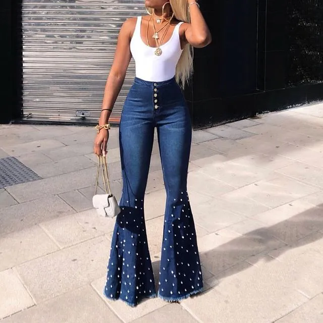 High-Rise Beaded Stretch Flared Jeans-BLUE