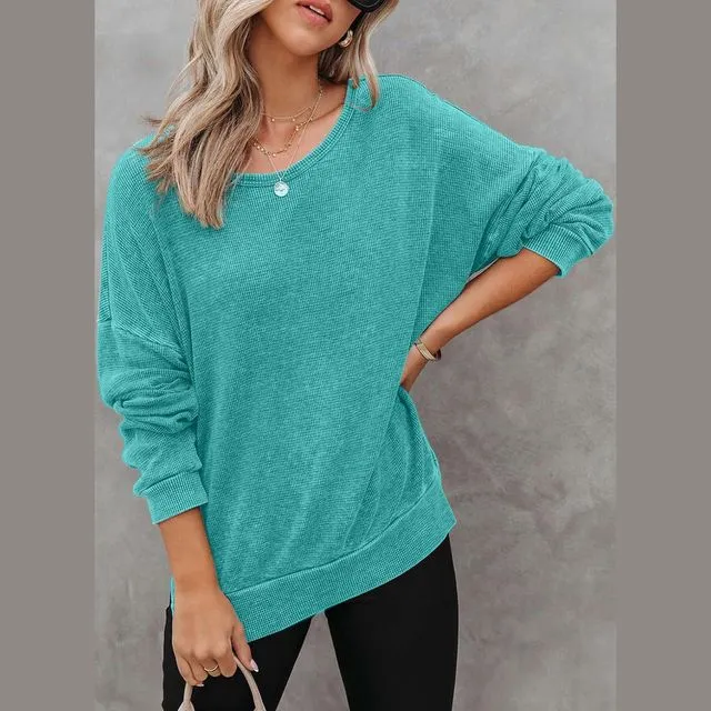Solid Color Crewneck Long Sleeves Side Slit Casual Loose Sweatshirts-SKY BLUE