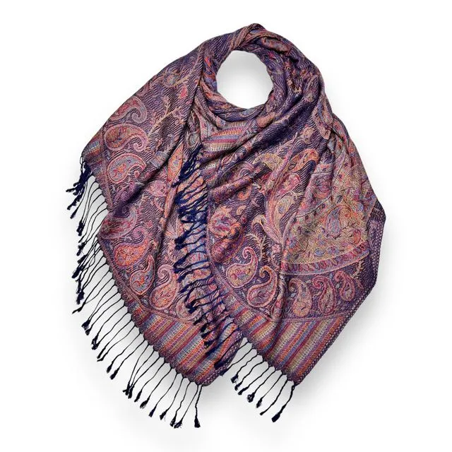 Pashmina jacquard paisley print with tassels in midnight