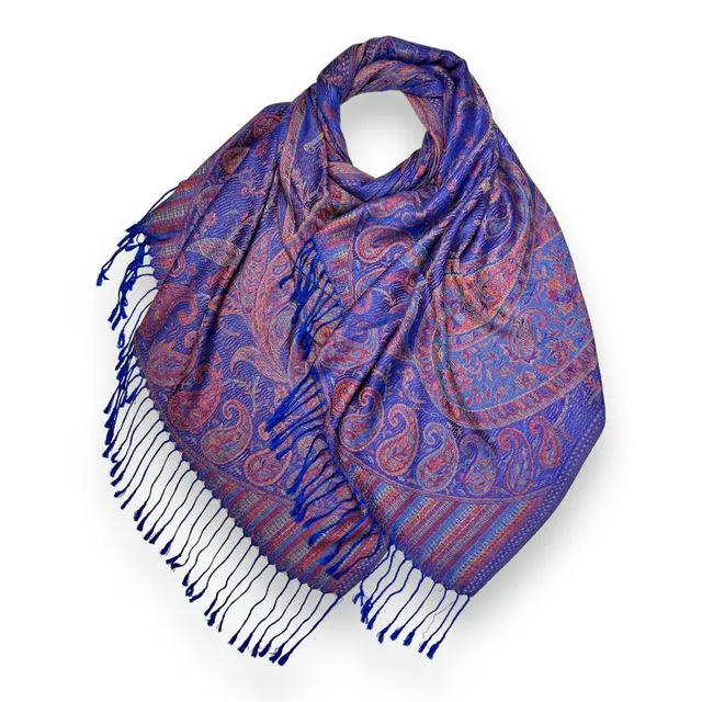 Pashmina jacquard paisley print with tassels in royal blue