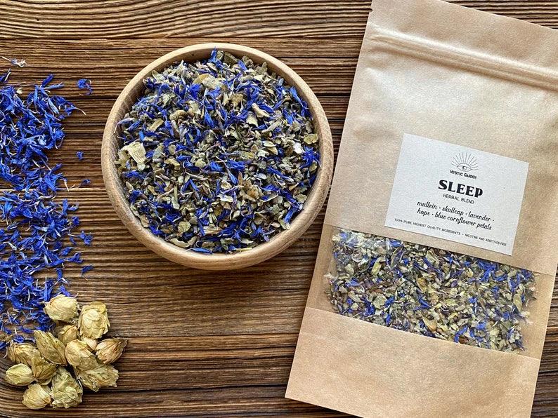 SLEEP herbal blend €¢ deep, good night sleep support €¢ herbal tea €¢ with skullcap, lavender, hops, mullein and blue cornflower petals