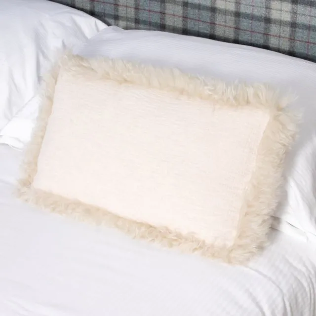 Beige Linen Cushion Sheepskin Trim 30x50cm