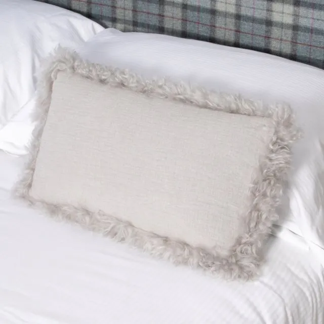 Grey Linen Cushion Sheepskin Trim 30x50cm