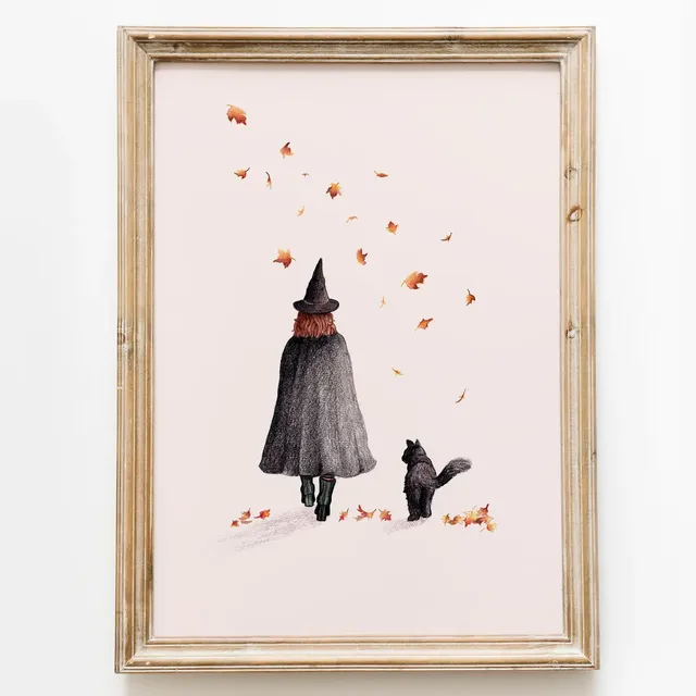 Witch & Cat Print | Halloween Wall Art | Witch Illustration