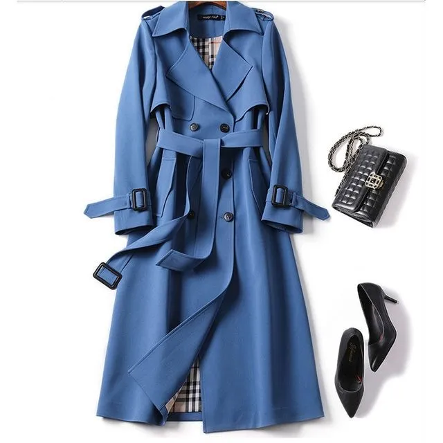 Solid Color Lapel Long Sleeves Buttoned Belted Midi-Length Outerwear - BLUE