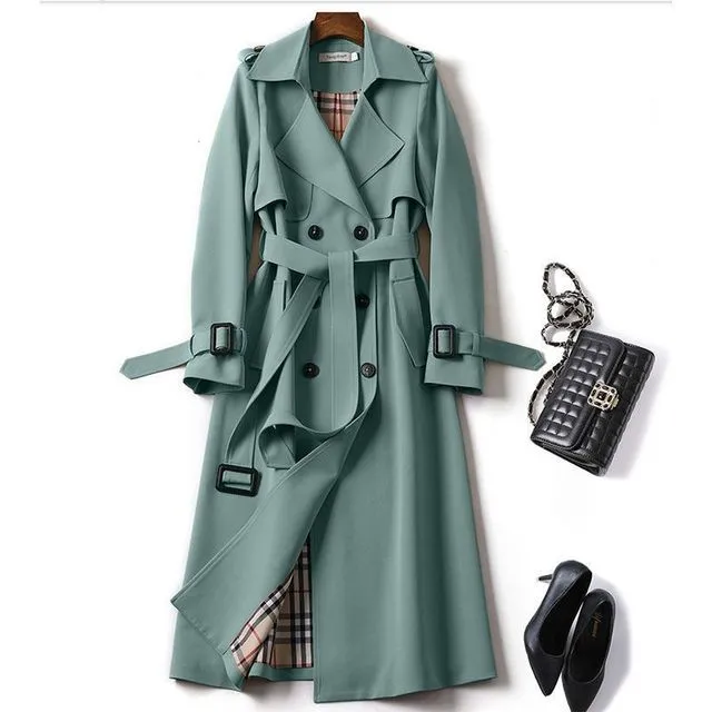 Solid Color Lapel Long Sleeves Buttoned Belted Midi-Length Outerwear - GREEN