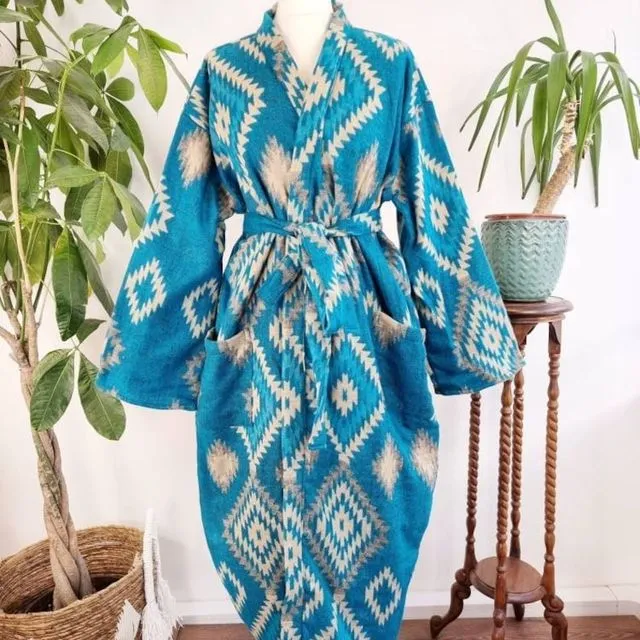 Unisex Yak Wool Blend Floral Kimono Dressing Warm Cosy Robe | Regal Urban Bright Ocean Turquoise Geometric Diamonds Aztec Print