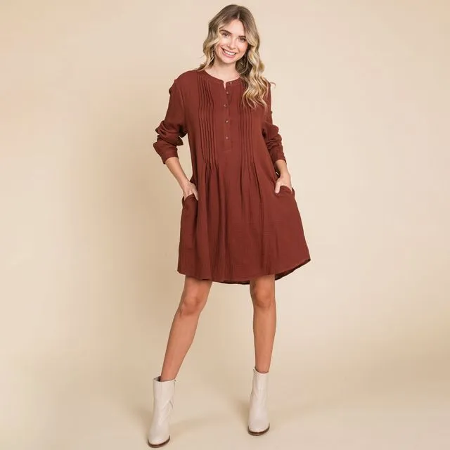 Long Sleeve Double Gauze Henley Tunic Cotton Dress, SML(2-2-2)/1Pack