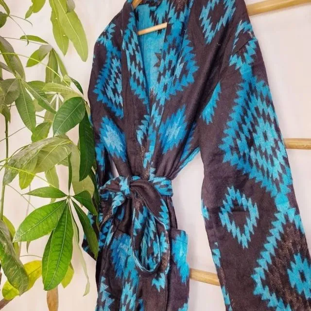 Unisex Yak Wool Blend Floral Kimono/Robe | Regal Urban Black Turquoise Blue Hue Geometric Diamonds Aztec Print | Southwestern Ikat Style