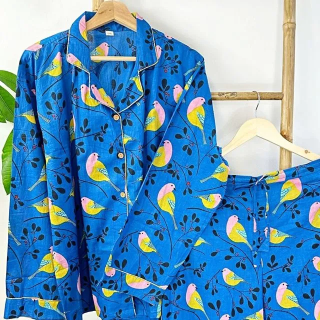Luxury Hand Printed Indian Blockprint Pure High Quality Cotton Floral Bird Pyjama Set - Summer Royal Blue Pink Quirky Robin | Christmas Vibe