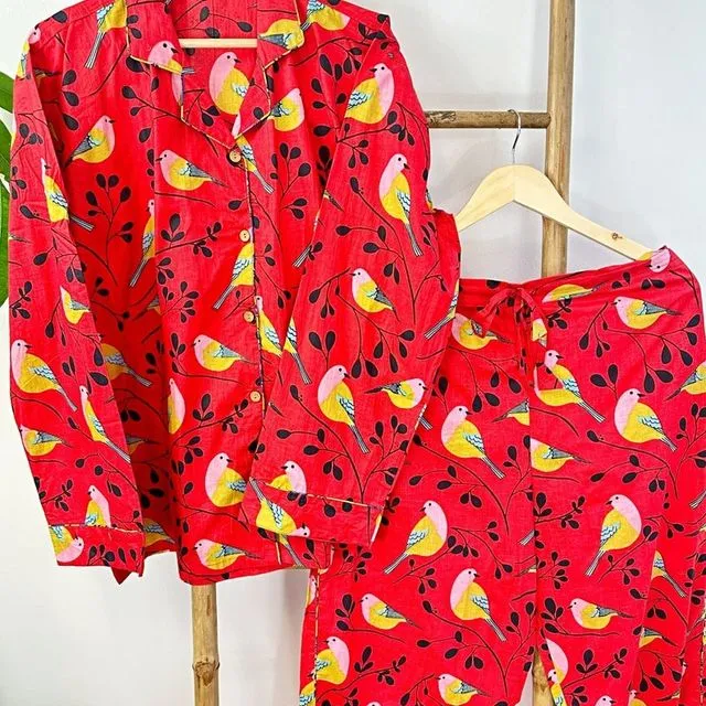 Luxury Hand Printed Indian Blockprint Pure High Quality Cotton Floral Bird Pyjama Set - Summer Red Pink Quirky Robin Bird | Christmas Vibe
