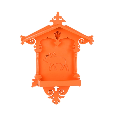 Bird feeder (orange) with carved deer motif in wood
