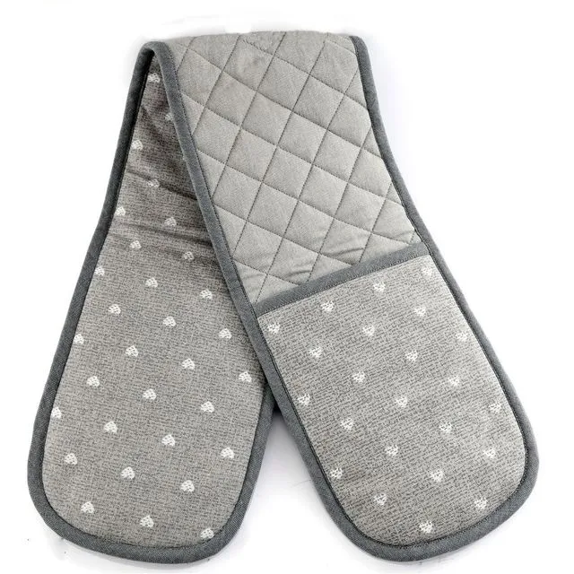 Kitchen Double Oven Glove With A Grey Heart Print Design - Grey
