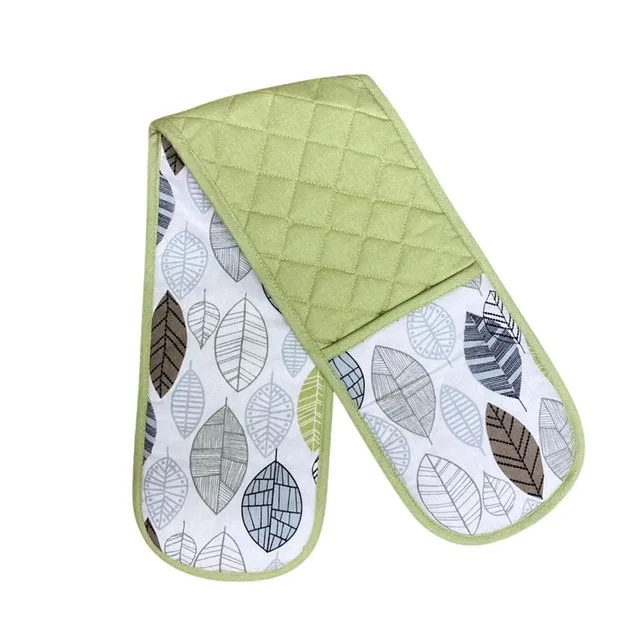 Kitchen Double Oven Glove With Green Leaf Print Design - Green/White