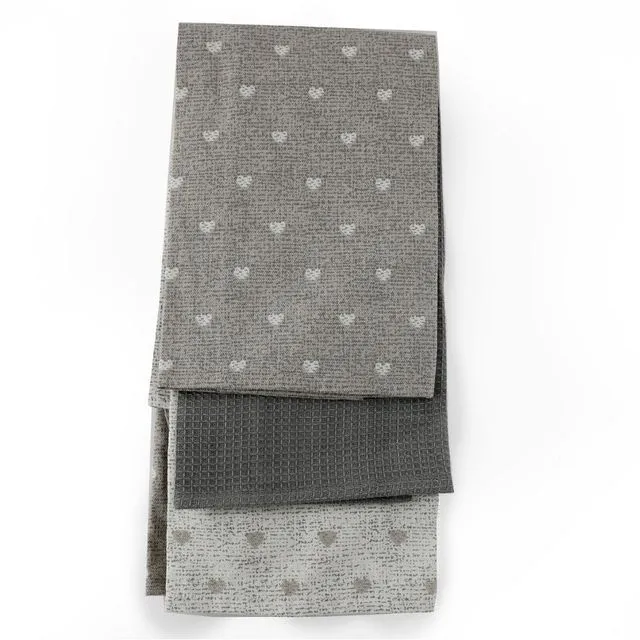 Pack of 3 Kitchen Tea Towels With A Grey Heart Print Design - Grey/White