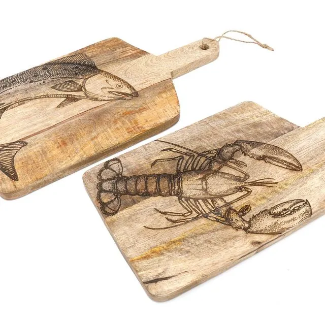 Pair of Engraved Chopping Boards Lobster and Salmon