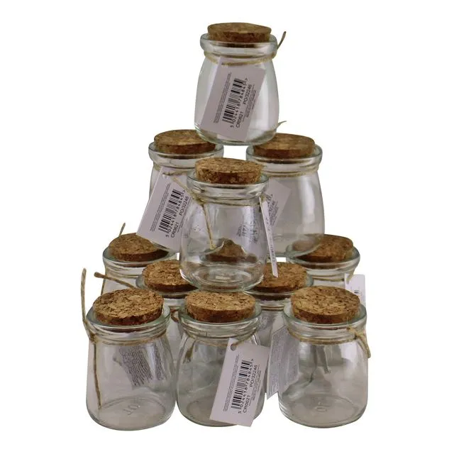 Set of 12 Small, Craft Storage Glass Jars With Cork Stoppers - Clear/Natural