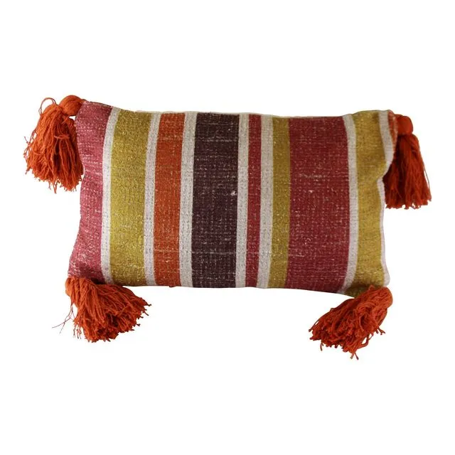 Tasseled Kasbah Design Scatter Cushion, Striped Pattern - Red/Orange/Yellow/White