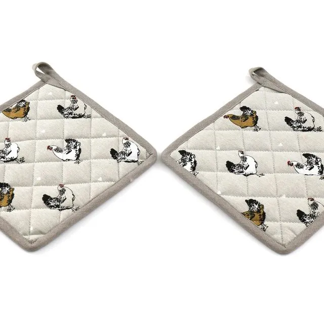 Two Pot Holders With A Chicken Print Design
