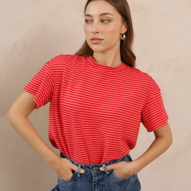 Red and Pink Stripe Jersey T-Shirt