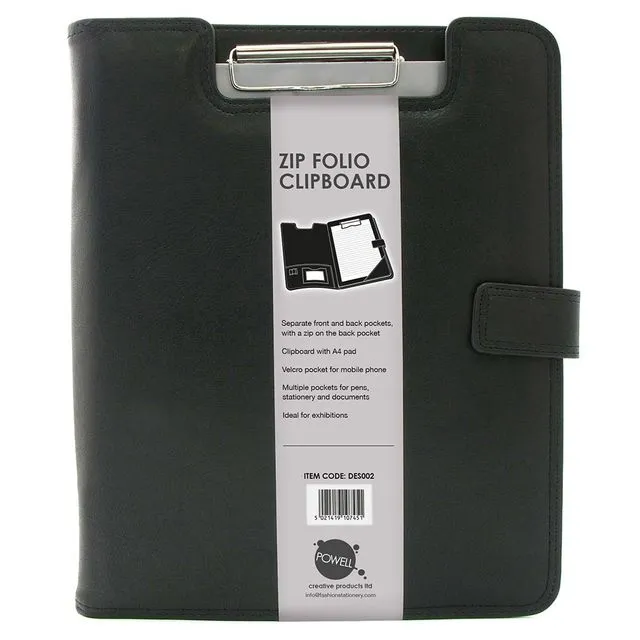 Black Faux Leather Presentation Zip Folio With Clipboard