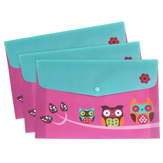 Owl A4 Popper Wallets Set of 3 Filing Organising Folders