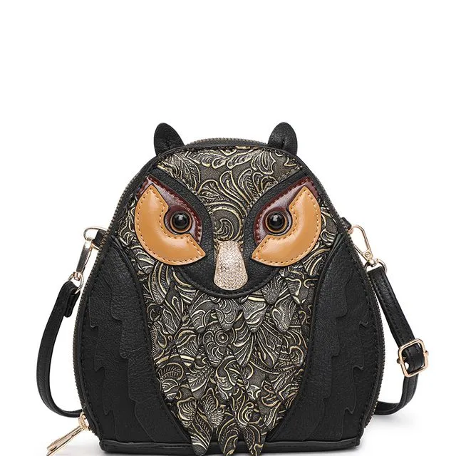 Ladies Cute Owl Shaped small Crossbody Bag with long strap A36985M Black