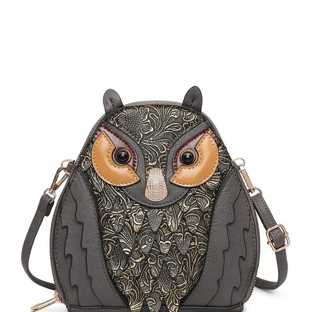 Ladies Cute Owl Shaped small Crossbody Bag with long strap A36985M Grey
