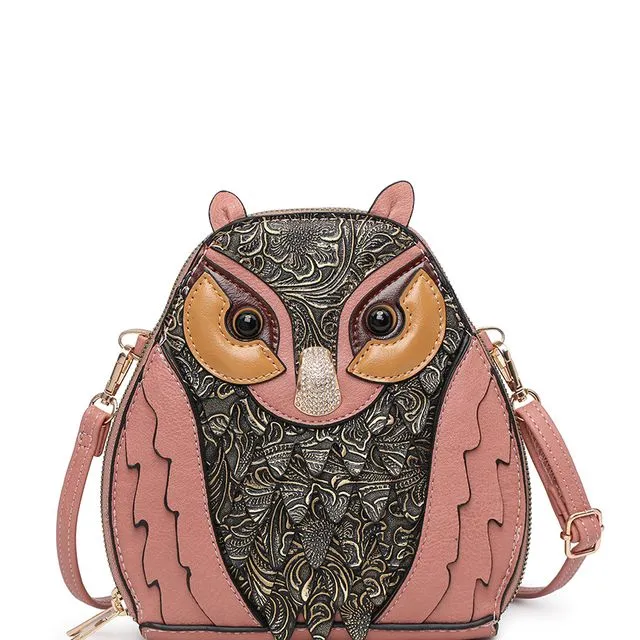 Ladies Cute Owl Shaped small Crossbody Bag with long strap A36985M Pink