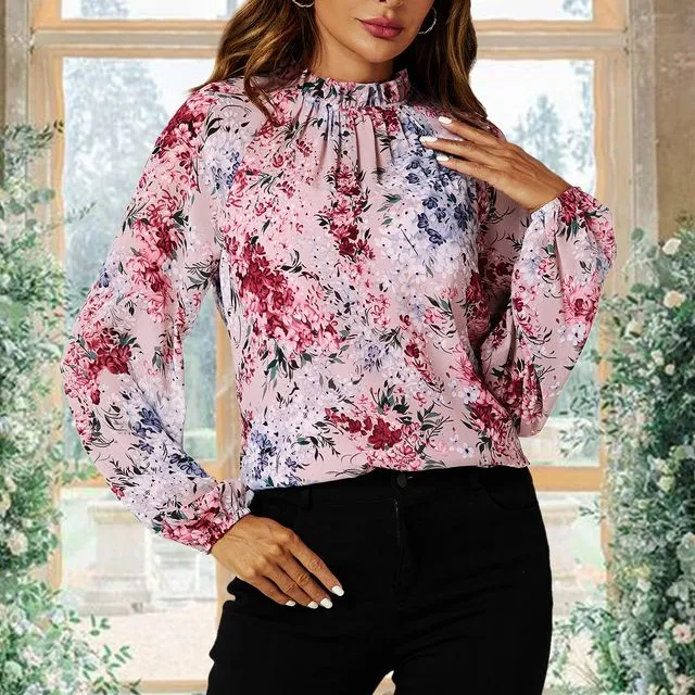 Floral Print Long Sleeve Frill High Neck Top In Pink