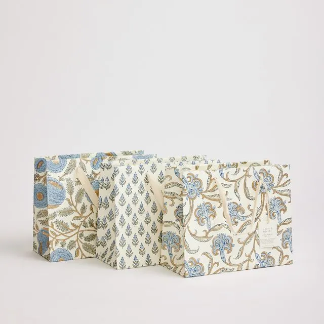 Hand Block Printed Gift Bags | Blue Stone (Medium) - Pack of 6