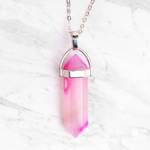 Crystal Pendant - Silver Plated Necklaces - Pink Agate