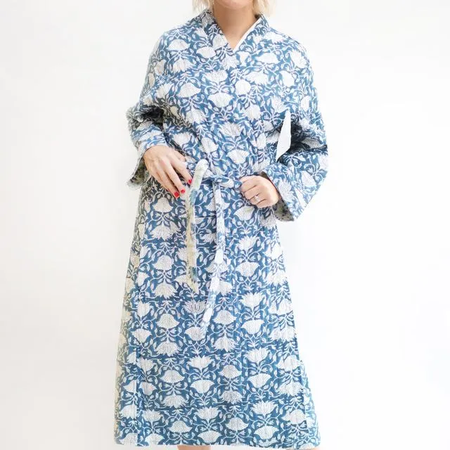 Luxury Quilted Hand Block Print Robe - Blue & White Lotus Print