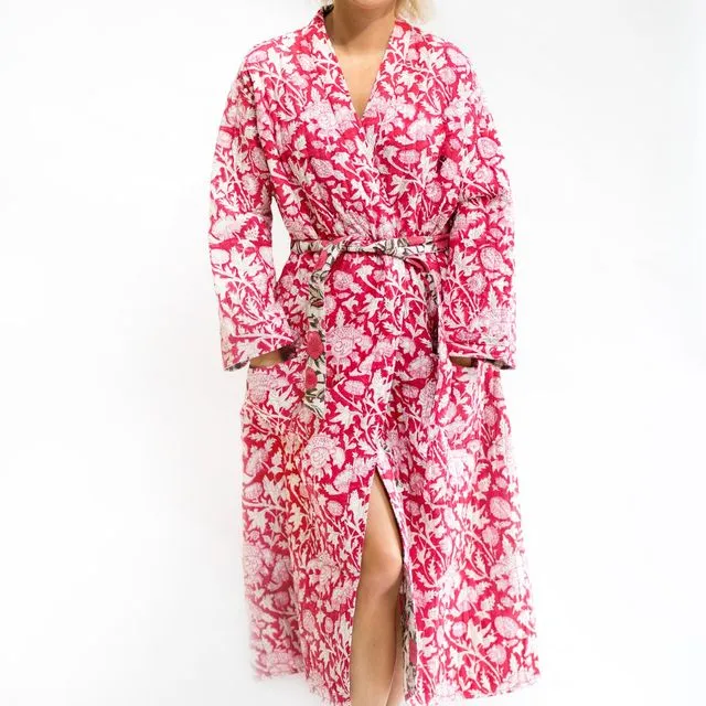 Luxury Quilted Hand Block Print Robe - Vibrant Pink & White Floral Print
