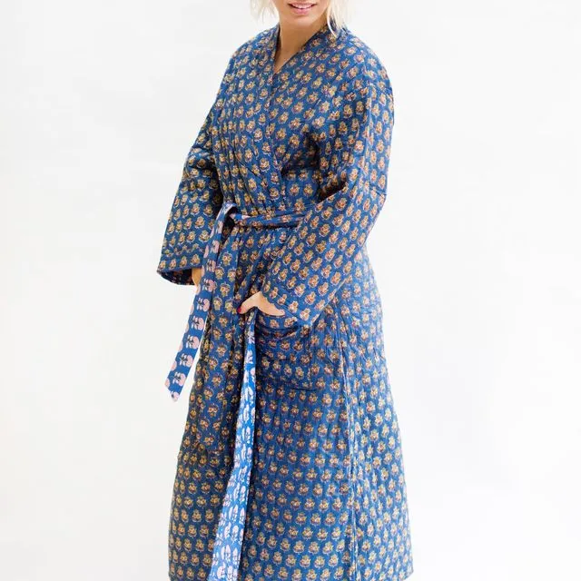 Luxury Quilted Hand Block Print Robe - Dark Blue & Yellow Floral Print