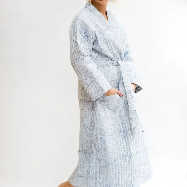 Luxury Quilted Hand Block Print Robe - Grey & Blue Print