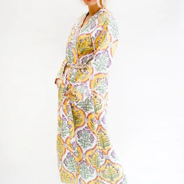 Luxury Quilted Hand Block Print Robe - Soft Yellow & Green Floral Print