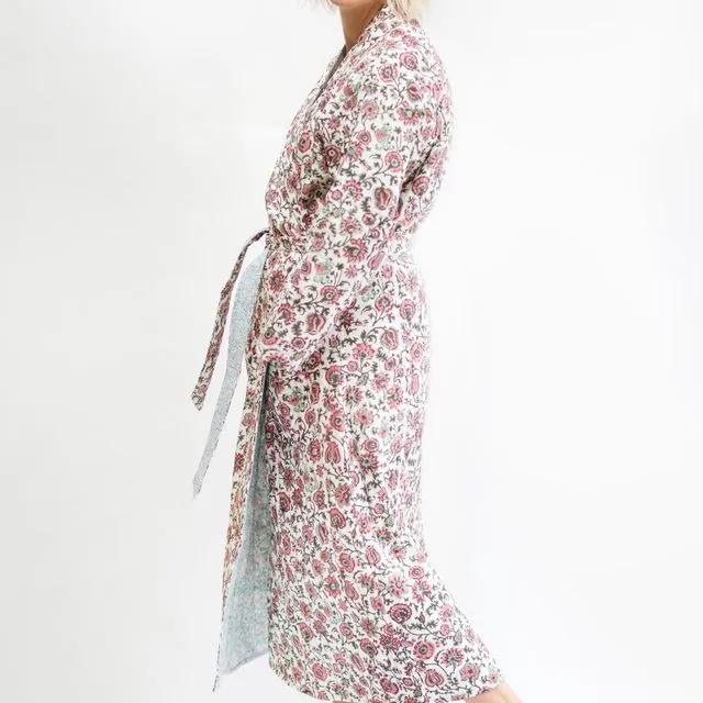 Luxury Quilted Hand Block Print Robe - Dusky Pink & Khaki Print