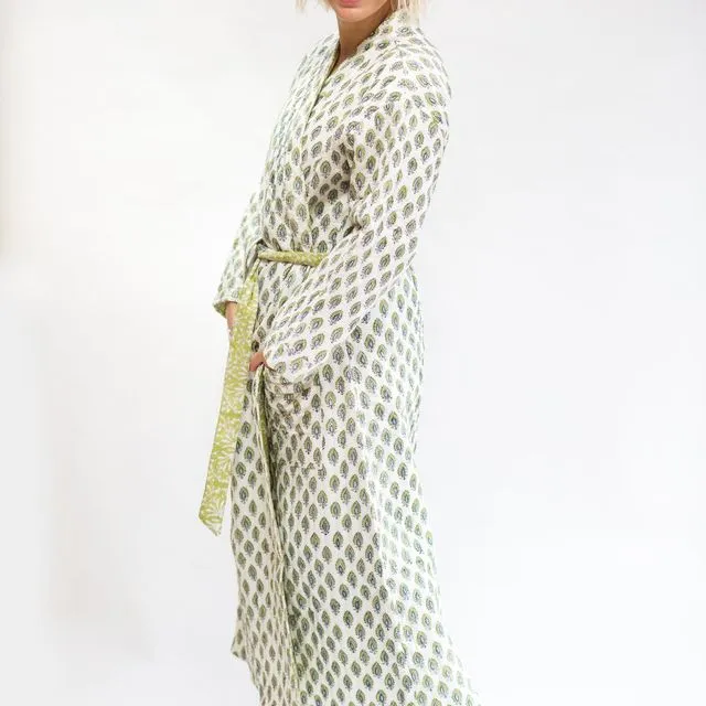 Luxury Quilted Hand Block Print Robe - Green & Blue Print