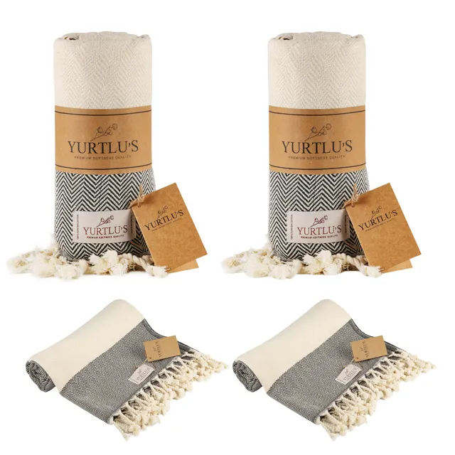 |Pack of 2| YURTLU'S TURKISH COTTON Golden Sands Series Beach Towel - Black