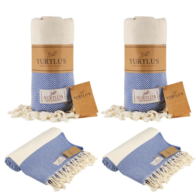 |Pack of 2| YURTLU'S TURKISH COTTON Golden Sands Series Beach Towel - Blue