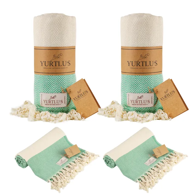 |Pack of 2| YURTLU'S TURKISH COTTON Golden Sands Series Beach Towel - Green