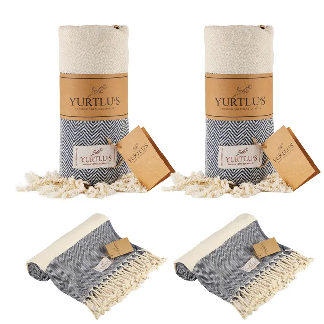 |Pack of 2| YURTLU'S TURKISH COTTON Golden Sands Series Beach Towel - Navy