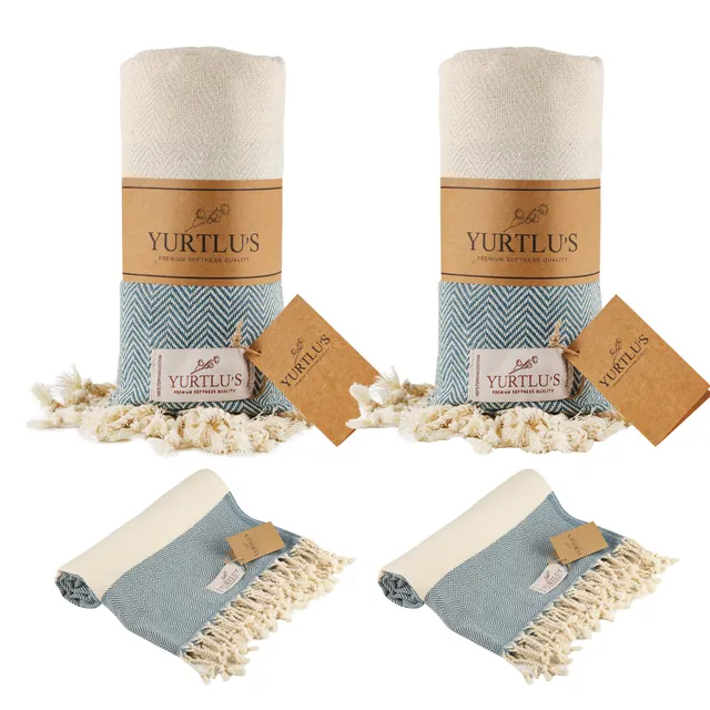 |Pack of 2| YURTLU'S TURKISH COTTON Golden Sands Series Beach Towel - Petrol Blue
