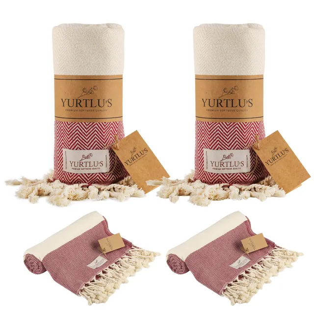 |Pack of 2| YURTLU'S TURKISH COTTON Golden Sands Series Beach Towel - Red
