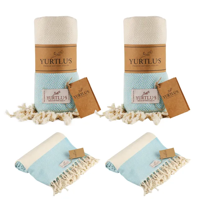 |Pack of 2| YURTLU'S TURKISH COTTON Golden Sands Series Beach Towel - Turquoise