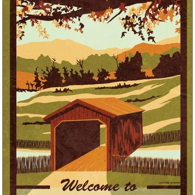 Vermont Covered Bridge in Autumn Retro Postcard