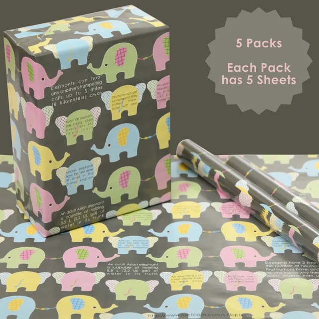 eVincE Elephant Wrapping Paper, Set of 25 wraps - 5 Packs of 5 Sheets each, 70 x 50 cms size For Kids birthday, fun facts for everyone to enjoy