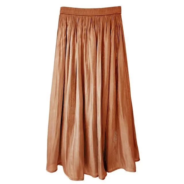 Shimmer Silk Pleat Long Skirt in Mocha